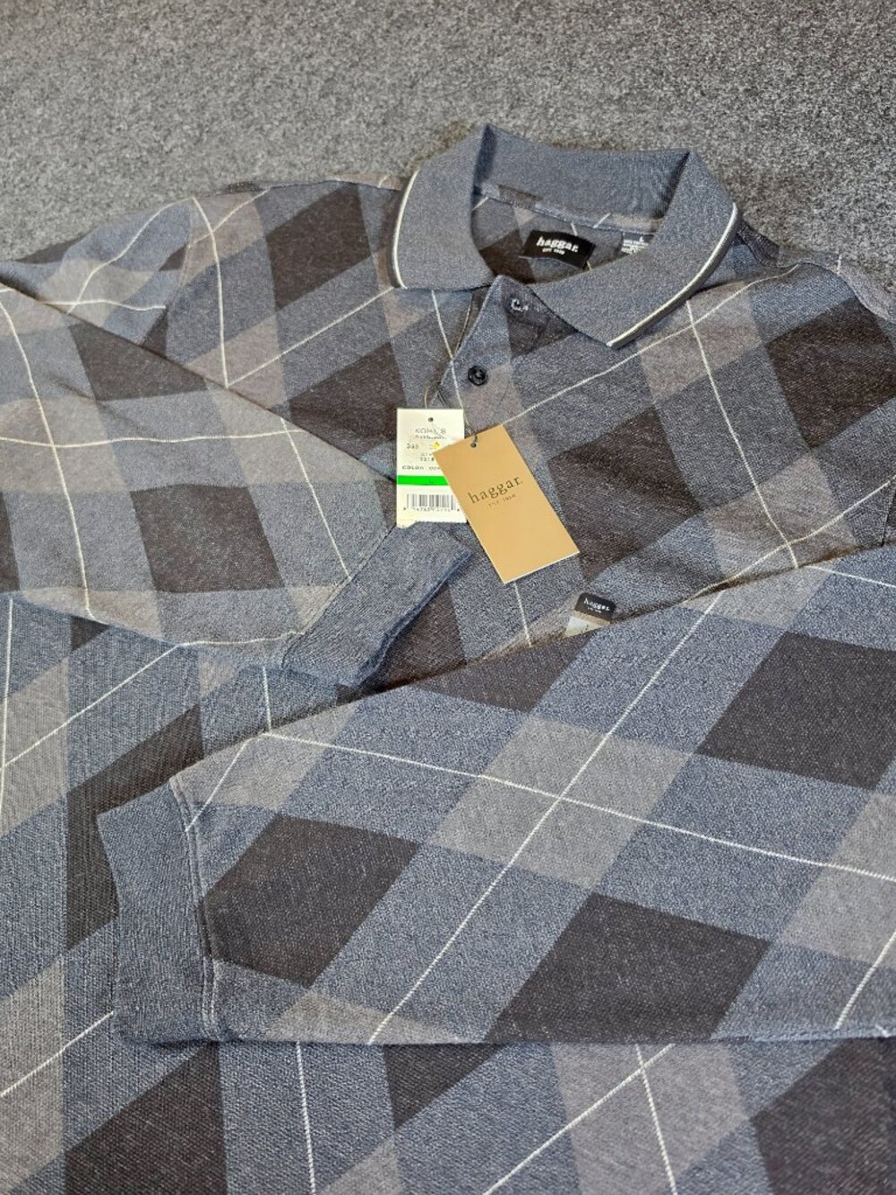 Haggar Men's Large Argyle Long Sleeve Polo Shirt Gray Black Cotton Blend NWT